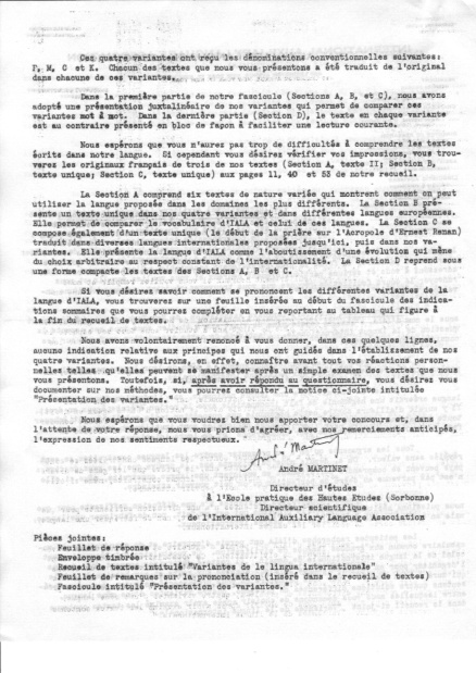 Variantes de le lingua internationale - littera ab Andre Martinet
