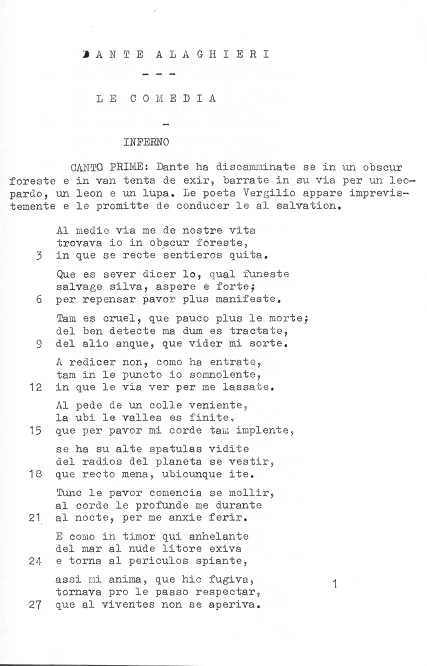 Pagina 1 de "Le Comedia - Inferno" in traduction de Sven Collberg, Svedia
