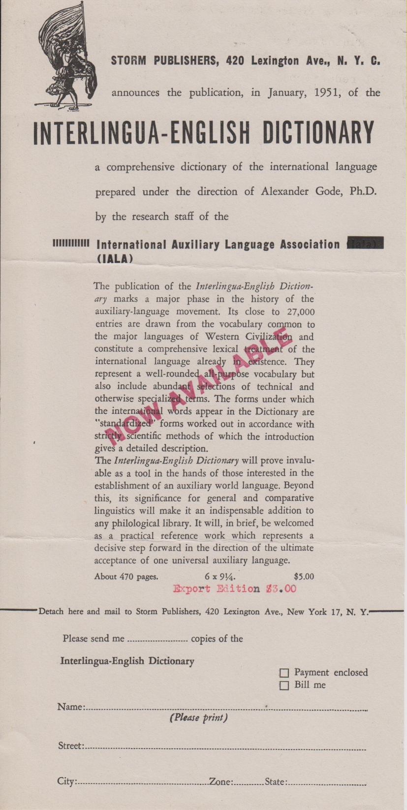 Reclamo pro le publication del "Interlingua-English Dictionary" in januario 1951